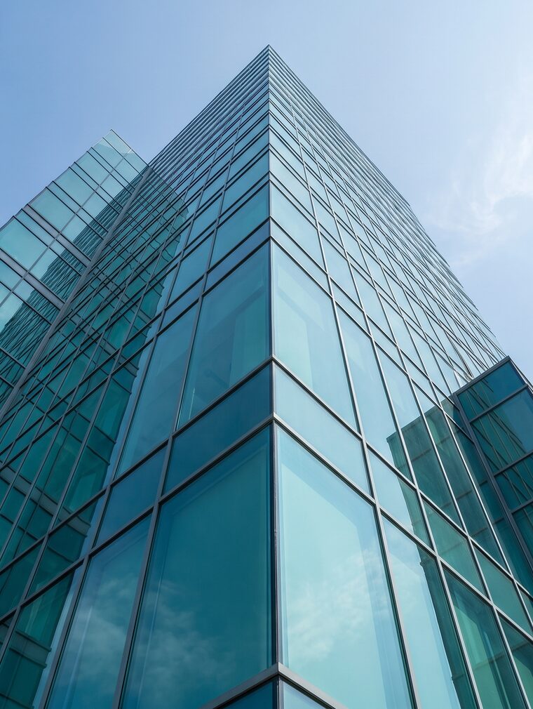Glass commercial building seen from below