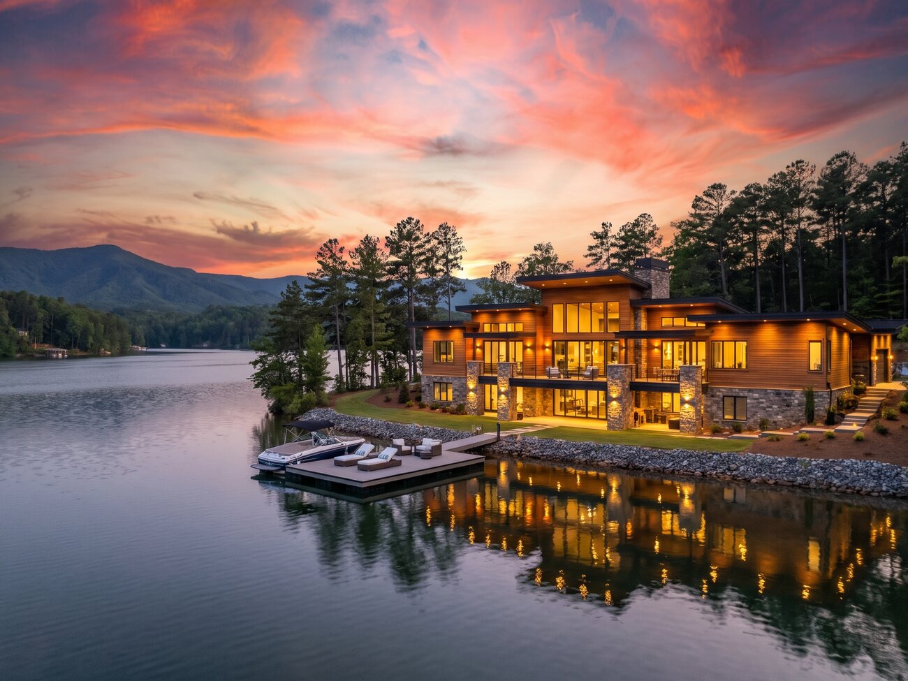 Waterfront Carolina residence at dusk